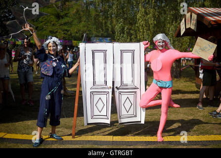 Berlin, Germany. 10th Sep, 2016. Artists greet the visitors of the music festival Lollapalooza in Berlin, Germany, 10 September 2016. PHOTO: BRITTA PEDERSEN/dpa/Alamy Live News Stock Photo