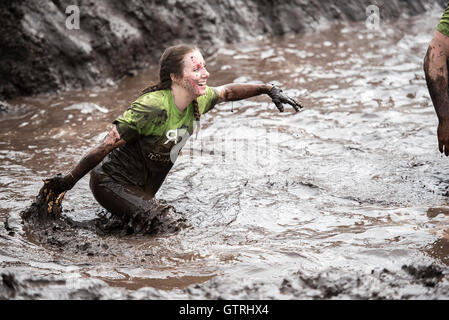 Cheshire, UK 10th September 2016. Competitor navigates the muddy water at Tough Mudder North West 2016 10/09/2016  Credit:  Gary Mather/Alamy Live News Stock Photo