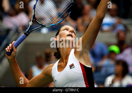 New York, USA. 10th September, 2016. Karolina Pliskova of the Czech Republic serving to Angelique Kerber of Germany during the finals of the United States Open Tennis Championships at Flushing Meadows, New York on Saturday, September 10th.  Kerber won the match and her first U.S. Open title in three sets Credit:  Adam Stoltman/Alamy Live News Stock Photo