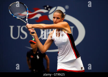 New York, USA. 10th September, 2016. Karolina Pliskova of the Czech Republic in action against Angelique Kerber of Germany during the finals of the United States Open Tennis Championships at Flushing Meadows, New York on Saturday, September 10th.  Kerber won the match and her first U.S. Open title in three sets Credit:  Adam Stoltman/Alamy Live News Stock Photo