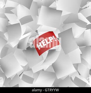 3d illustration of a large amount of white empty papers falling with one red with the word help written on it Stock Photo