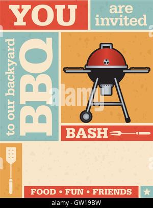 Retro Grunge Backyard Barbecue Invitation Template. Easy to edit letter=size invitation template. Just add you details. Stock Vector