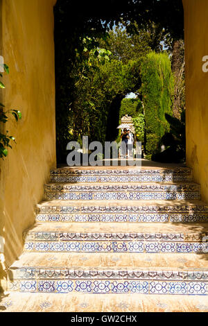 Staircase with andalusian tiling at Alcazar Moorish palace, Seville, Andalusia, Spain. Stock Photo