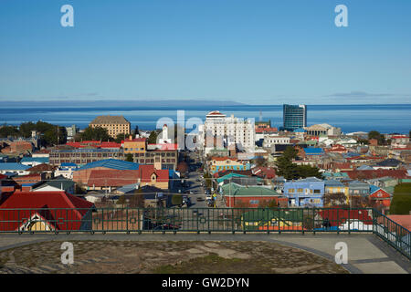 Colourful rooftops of Punta Arenas in southern Chile overlooking the Strait of Magellan.