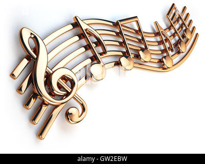 Golden music notes and treble clef on musical strings isolated on white. 3d illustration Stock Photo