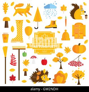 Set of Autumn Elements Isolated on White Background. Vector Illustration. Stock Vector