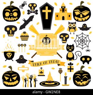 Halloween Set. Vector Illustration. Pumpkin, Skull, Ghost, Candy, Cat and Other Traditional Elements of Halloween. Stock Vector