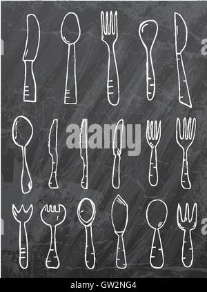 Spoon knife fork on black chalk board. Hand drawn isolated objects. Sketch. Vector illustration. Stock Vector