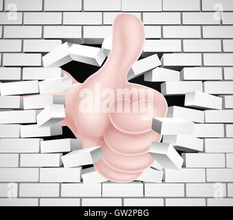 Conceptual illustration of a hand giving a thumbs up breaking through a white brick wall Stock Photo