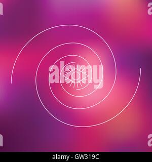 Two swirls and geometric eye line graphic on blurred purple background Stock Vector