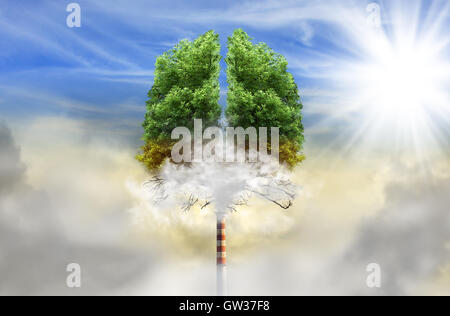 Tree in a shape of lungs with chimney instead of trunk, eco concept, pollution Stock Photo