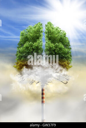 Tree in a shape of lungs with chimney instead of trunk, eco concept, pollution Stock Photo