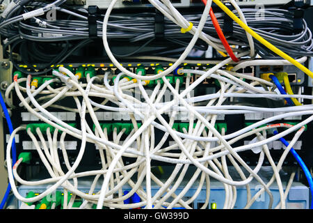 Network panel, switch and cable in data center Stock Photo