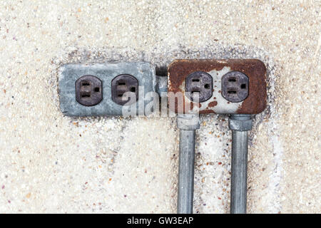 Asia plug socket on brick wall background. Risk of danger. Stock Photo