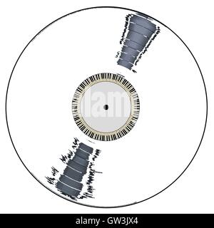 A white background  LP vinyl record with piano keys all over a white background. Stock Vector