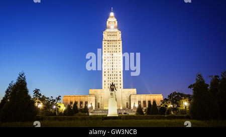 Louisiana State Capitol Building against clear sky at night in Baton Rouge Stock Photo