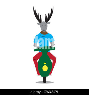 Hipster deer on a moped. Animal hipster character travel on motorcycle, vector illustration Stock Photo