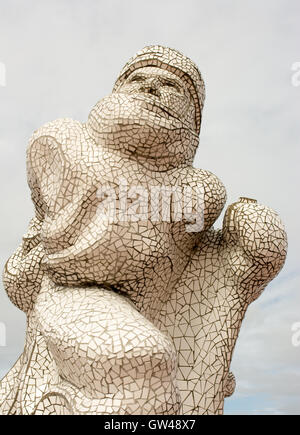 Mosaic tiled memorial sculpture of adventurer Captain Scott of the Antarctic at Cardiff Bay, Wales, UK unveiled in June 2003. Stock Photo