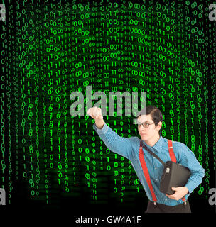 Nerd geek businessman student teacher with binary on background Stock Photo