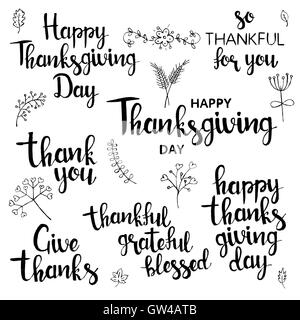 Happy Thanksgiving Day lettering set. Modern vector hand drawn calligraphy with wheat, flowers, leaves, branches and berries Stock Vector