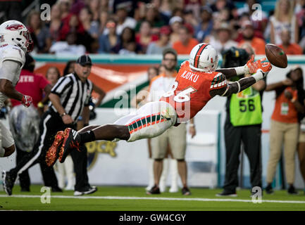 Miami tight end David Njoku runs a drill at the NFL football scouting ...