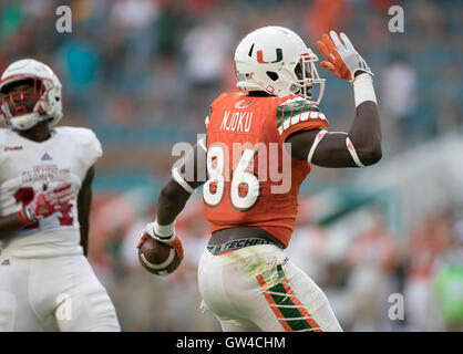 Miami tight end David Njoku runs a drill at the NFL football scouting ...