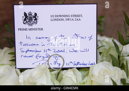 London, UK. 11th Sep, 2016. A personal message of sympathy by British Prime Minister Theresa May to the terror victims on the 15th anniversary of the September 11 terrorist attacks in New York and Washington DC Credit:  amer ghazzal/Alamy Live News Stock Photo