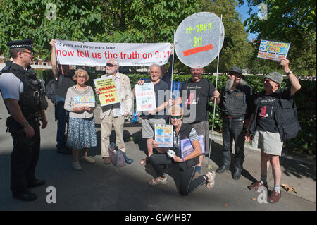 London, UK. 11th September 2016. 9/11 Truth Movement members protest outside the US Embassy against the lies, they say, the world was told on 11th Sept 2001. They demand an investigation, stating that there is no evidence which supports the official story told by the mainstream media about Osama Bin Laden & 19 Arabs carrying out the 9/11 atrocity. Reportedly only 16% of Americans believe the official 9/11 story. Credit:  Graham M. Lawrence/Alamy Live News. Stock Photo