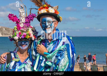 Swanage, Dorset, UK. 11th Sep, 2016. Crowds flock to the second day of the Swanage Folk Festival on a glorious warm sunny day to see the dance groups and music along the seafront. Morris dancers, members of Exmoor Border Morris group Credit:  Carolyn Jenkins/Alamy Live News Stock Photo