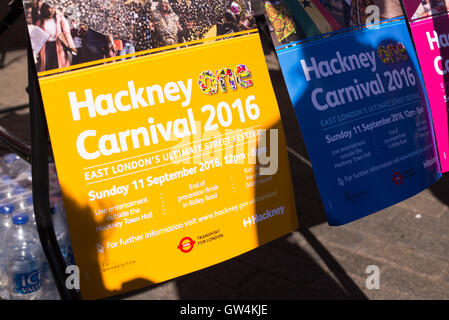 Hackney, London, UK. 11th September 2016. Fliers advertising the Hackney Carnival 2016 in Ridley Road. Credit:  Nicola Ferrari/Alamy Live News. Stock Photo