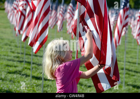 Saint Louis, MO – September 11, 2016: More than 7,000 flags with name, photo and dog tag of soldier killed defending the United States wave outside the St. Louis Art Museum in Saint Louis, Missouri Credit:  Gino's Premium Images/Alamy Live News Stock Photo