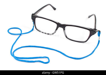 Eyeglasses with blue tape isolated on white Stock Photo