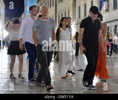 U2's The Edge aka David Howell Evans and his wife Morleigh Steinberg go sightseeing in Dubrovnik, Croatia's old town and are joined by fellow U2 star Adam Clayton and his wife Mariana Teixeira De Carvalho. They are also accompanied by The Edge's daughter Stock Photo