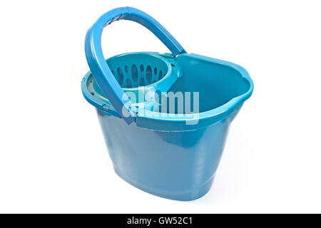 Blue bucket with mop squeezing  isolated on white Stock Photo