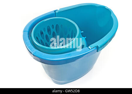 Blue bucket with mop squeezing  isolated on white Stock Photo