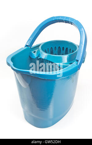 Blue bucket with mop squeezing isolated on white Stock Photo