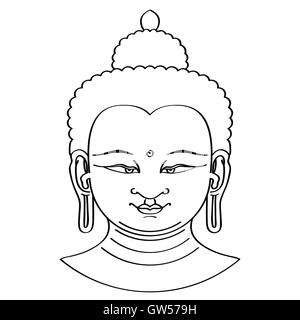 Buddha head illustration in brush technique. Black brushstrokes on white background. Stock Photo