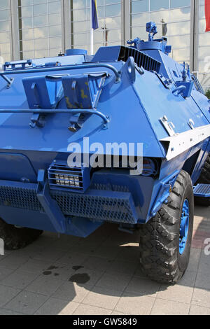 Blue police force vehicle. Blue police transporter. Stock Photo