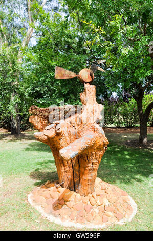 Unique sculpture with bird, tree and nest of barbed wire in the Amaze'n Margaret River botanic garden in Western Australia. Stock Photo