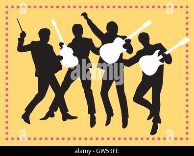 Fab Four Beatles Silhouette Vector Design. Musicians with guitars and drum sticks jumping in the air. Fun editable and scalable vector design. Stock Vector