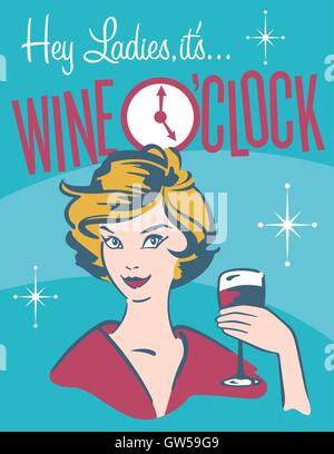 Wine O’clock retro wine design. Cool wine graphic for invitations, posters and more. Cool retro style graphics and attractive lady with wine glass Stock Vector