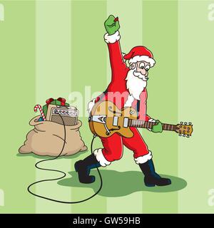 Rock and Roll Santa Claus vector illustration. Santa is playing an electric guitar and there is an amplifier in his bag of toys. Stock Vector