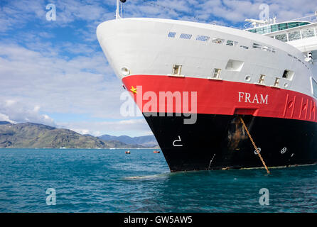 Bow of Hurtigruten MS Fram expedition cruise ship with '1B' ice class double hull designed for icy waters anchored in Tunulliarfik Fjord Greenland Stock Photo