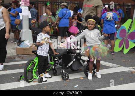 Caribbean Kiddie Parade kicks off the Caribbean Carnival over Labor Day Weekend leading up to the Labor Day  West Indian Parade along Eastern Parkway in Brooklyn, NY. Stock Photo