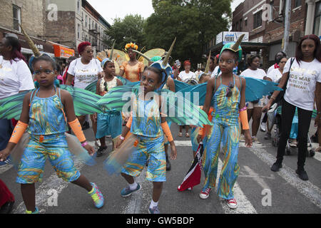 Caribbean Kiddie Parade kicks off the Caribbean Carnival over Labor Day Weekend leading up to the Labor Day  West Indian Parade along Eastern Parkway in Brooklyn, NY. Stock Photo