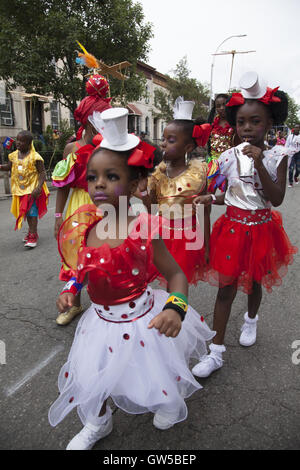 Caribbean Kiddie Parade kicks off the Caribbean Carnival over Labor Day Weekend leading up to the Labor Day  West Indian Parade along Eastern Parkway in Brooklyn, NY. Stock Photo