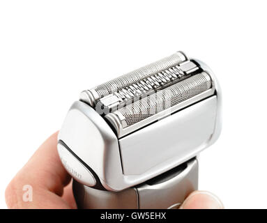 Electric shaver on white background, isolated close-up Stock Photo