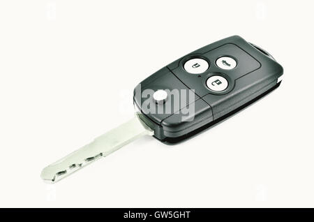 Car key with wireless remote and Leather tag on white background Stock Photo