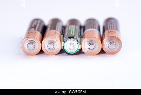 Group of used disposable drain batteries  ready for recycling. Stock Photo