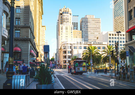 San Francisco, USA - September 21, 2015: A cable car in Powell street near  Union Square Stock Photo